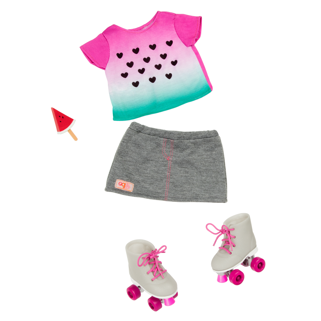 Watermelon-themed roller skating outfit for 46cm doll