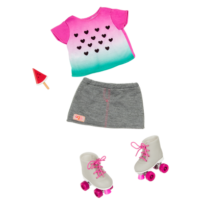 Watermelon-themed roller skating outfit for 46cm doll