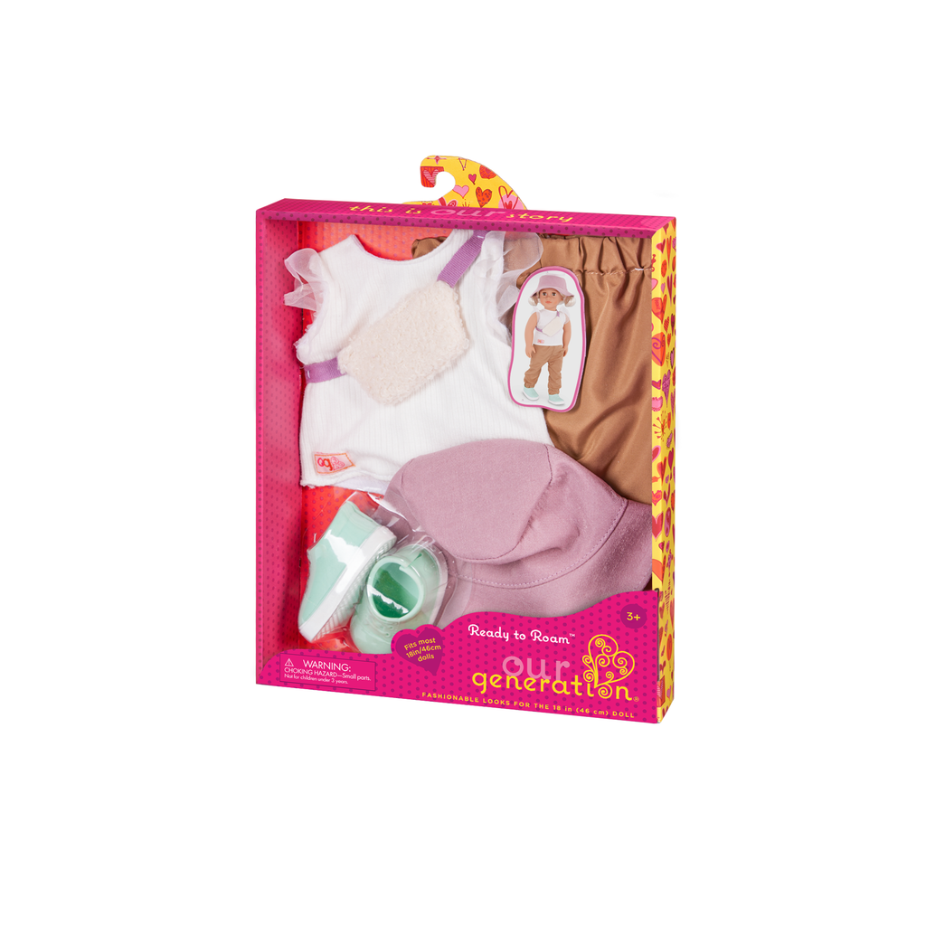 Our Generation 46cm Doll Roam Outfit including pants, top, hat, shoes and bag