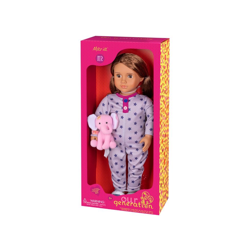 46 cm sleepover doll with light-brown hair and brown eyes holding elephant plushie