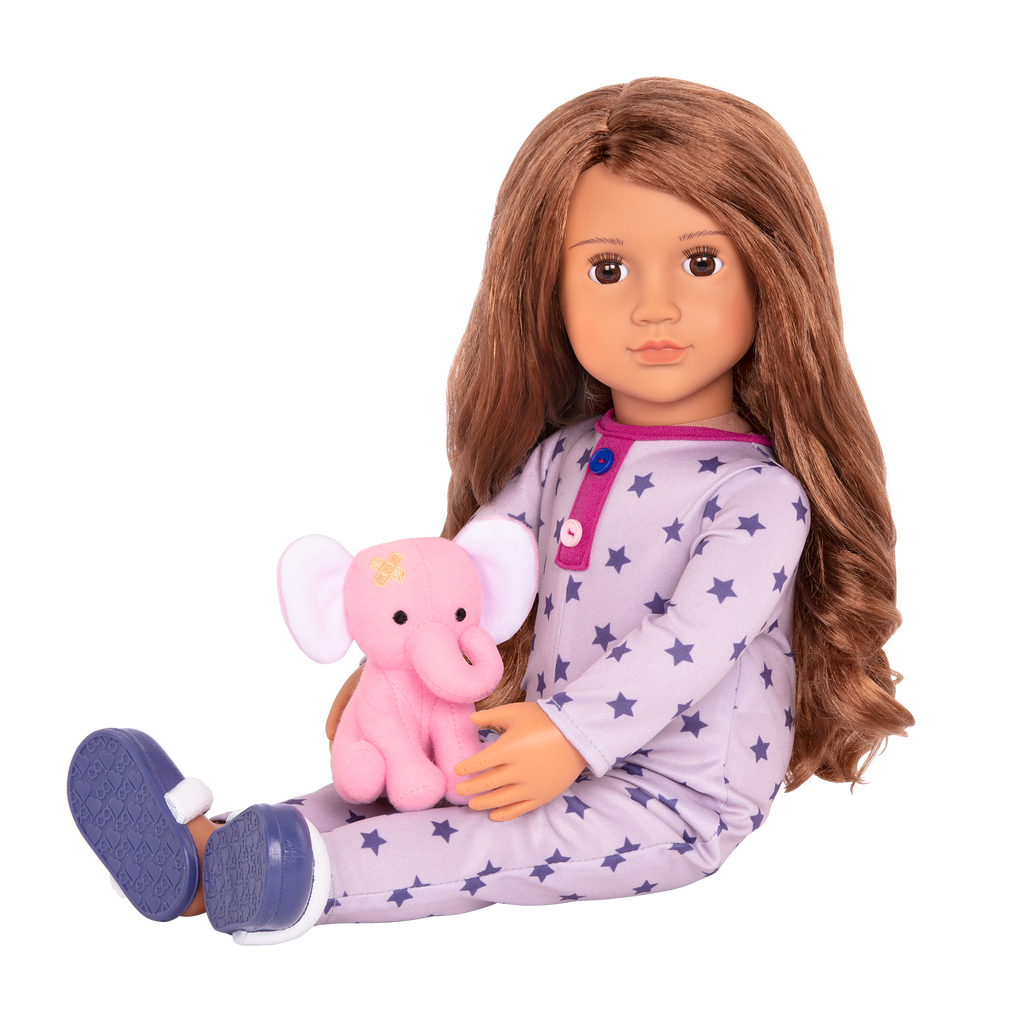 46 cm sleepover doll with light-brown hair and brown eyes holding elephant plushie