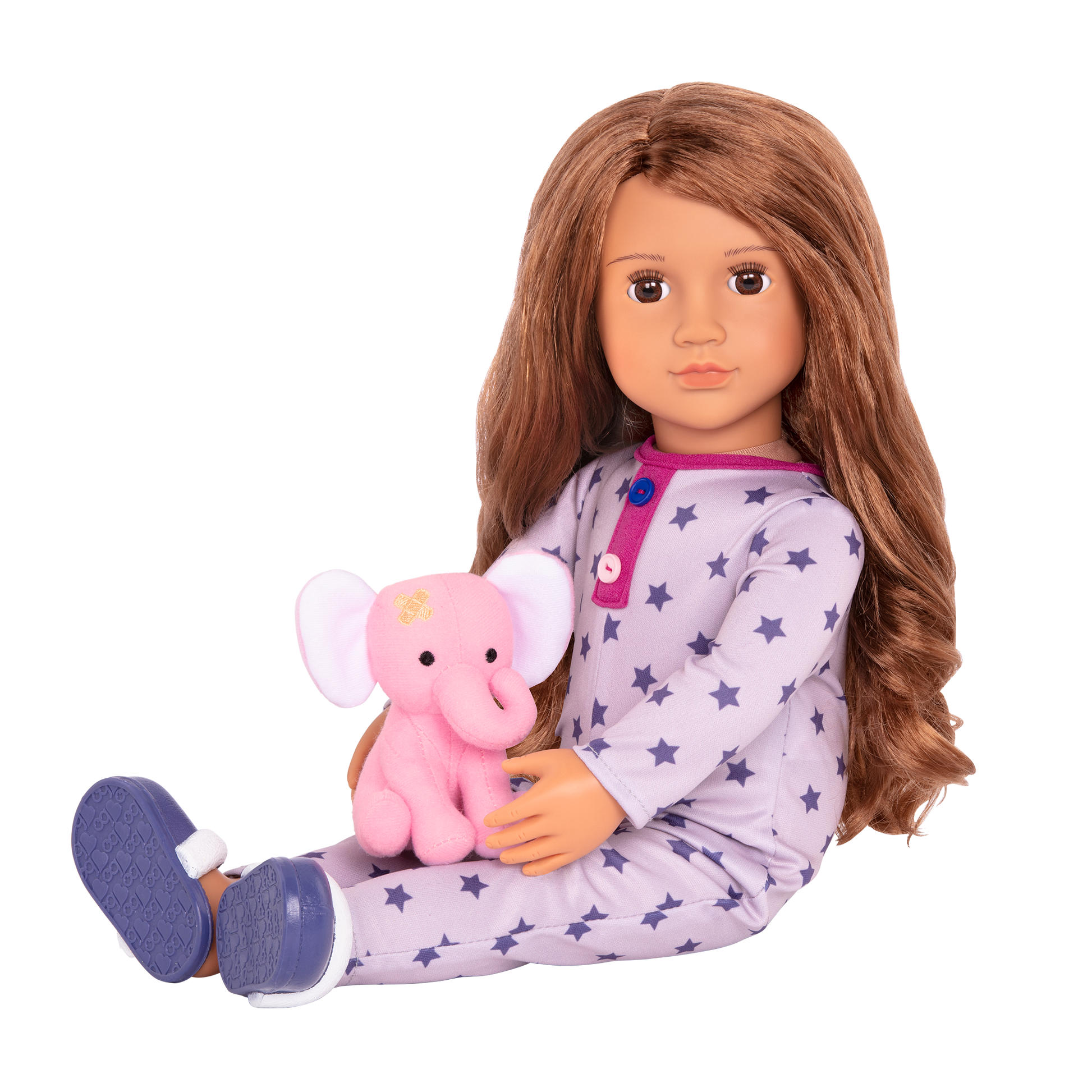 46 cm sleepover doll with light-brown hair and brown eyes holding elephant plushie
