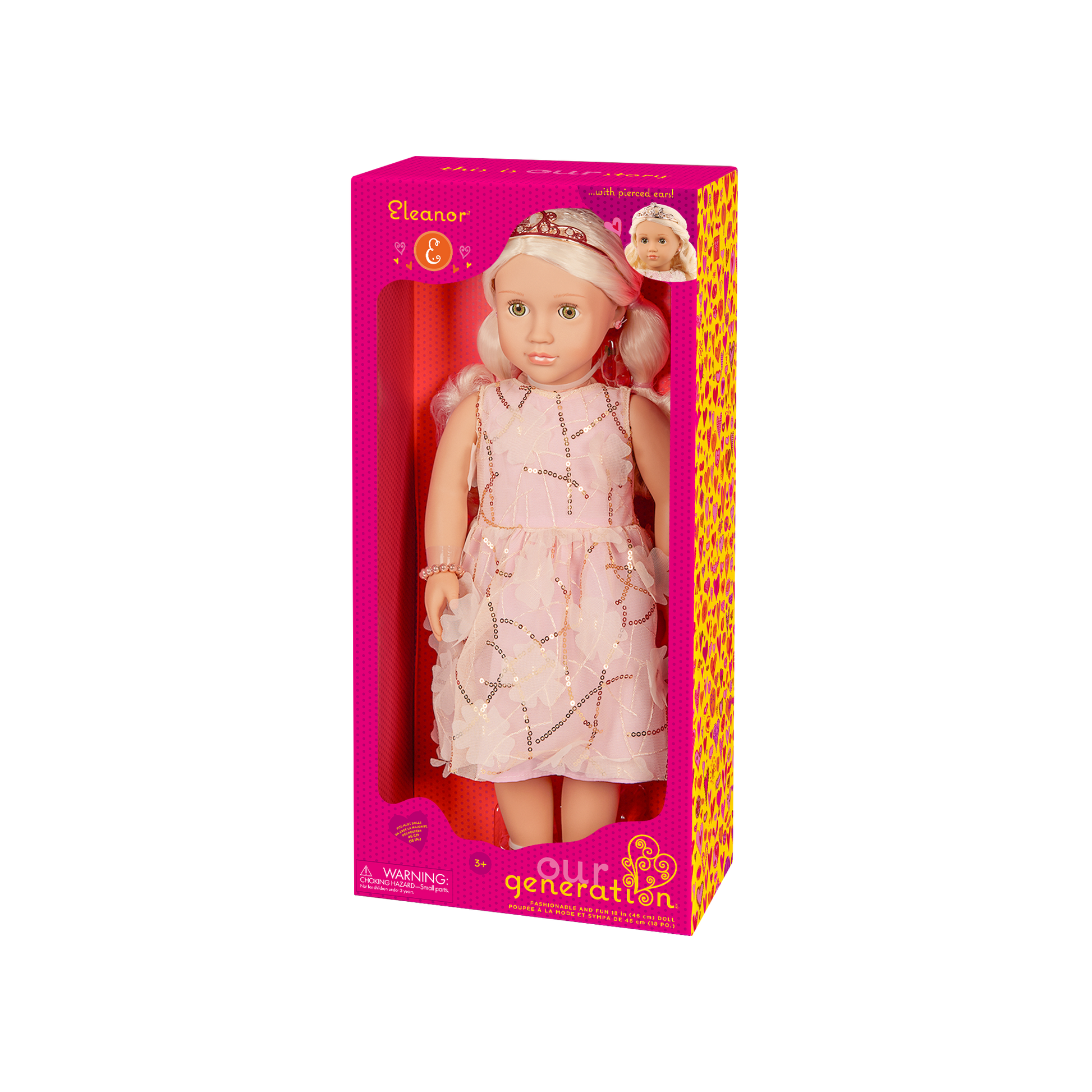 Eleanor 18-inch dolls with blonde hair and hazel eyes in princess outfits