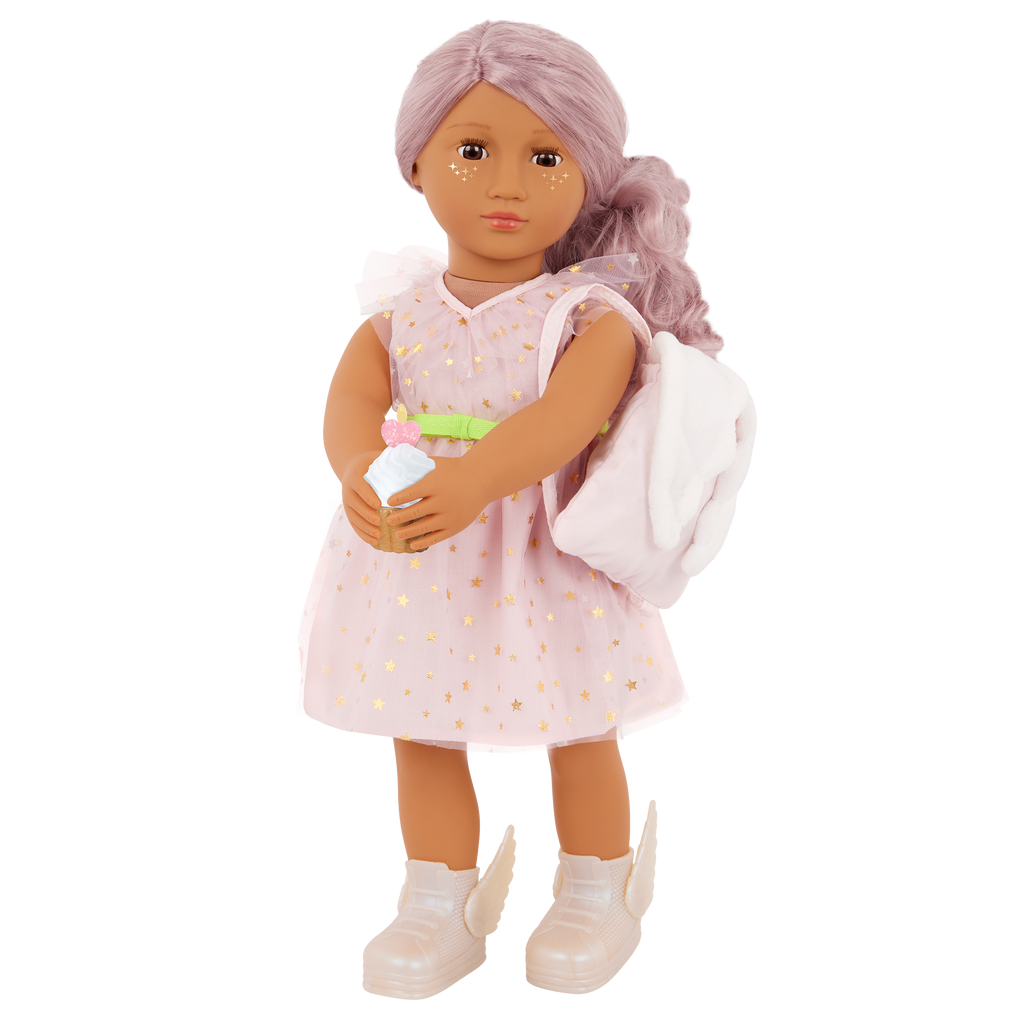 Our Generation 46cm Doll Wishes with accessories including pretend balloons, stickers, a wish list, sparkles and a back pack