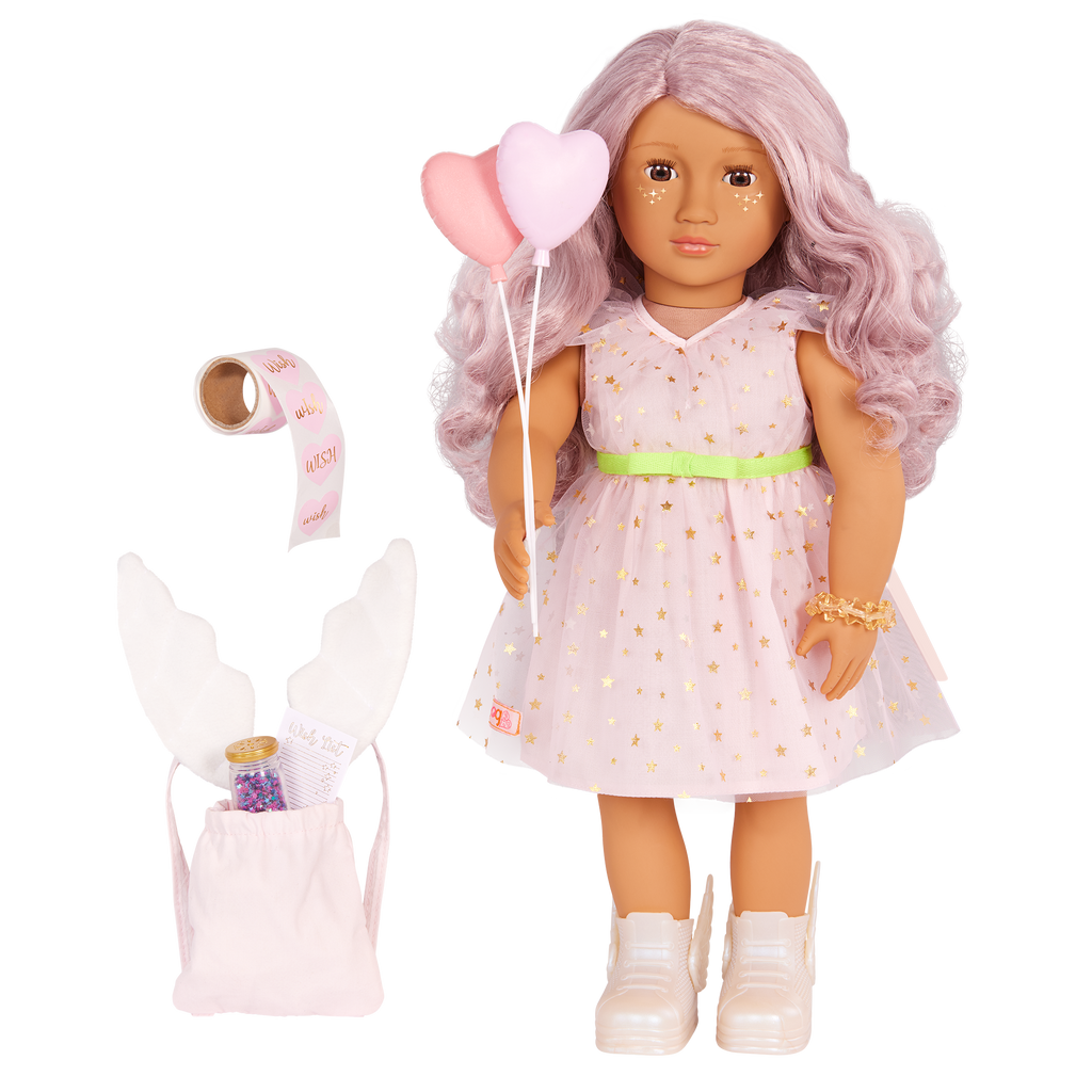 Our Generation 46cm Doll Wishes with accessories including pretend balloons, stickers, a wish list, sparkles and a back pack