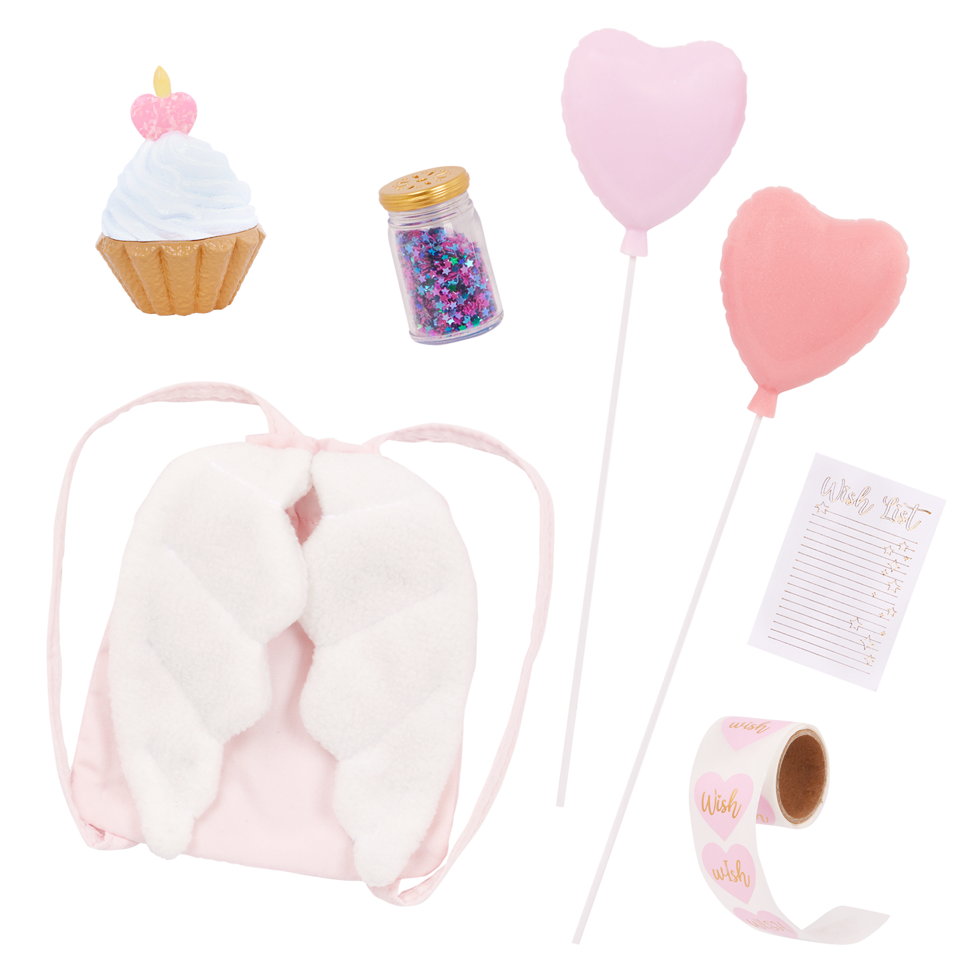 Our Generation 46cm Doll Wishes with accessories including pretend balloons, stickers, a wish list, sparkles and a back pack