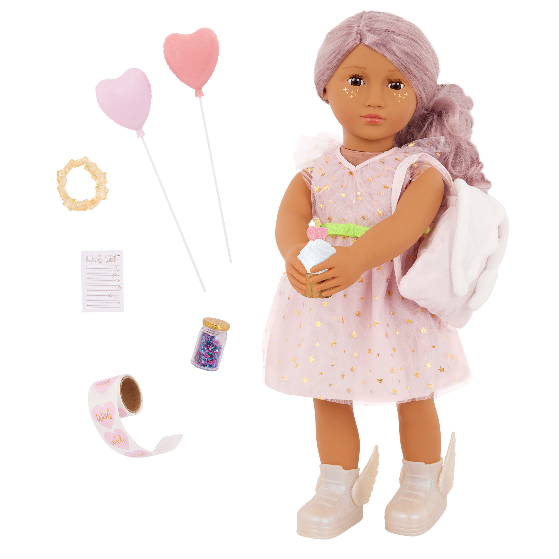 Our Generation 46cm Doll Wishes with accessories including pretend balloons, stickers, a wish list, sparkles and a back pack