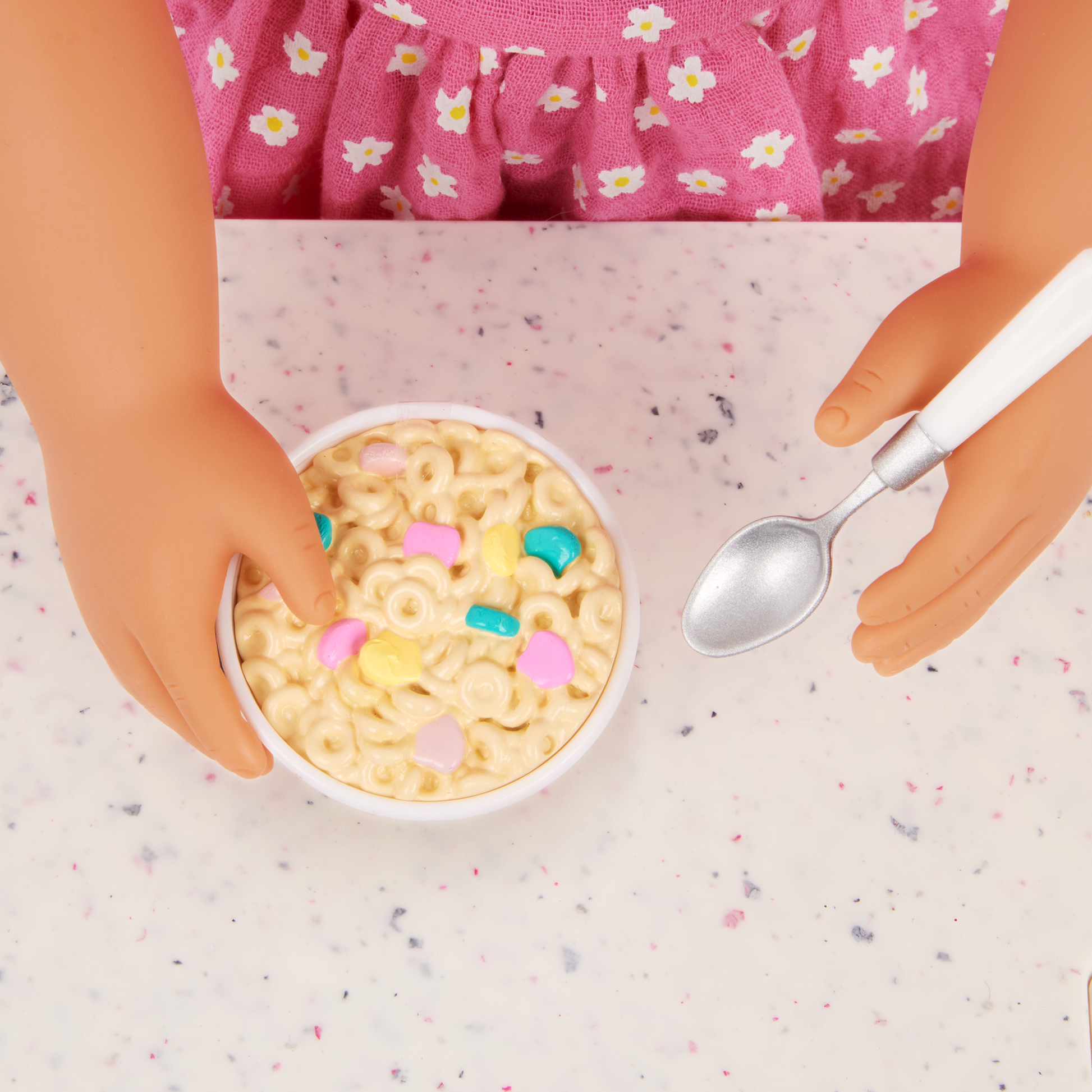 cereal breakfast for Gillian 46cm doll with blond hair and hazel eyes with outfit and accessaries