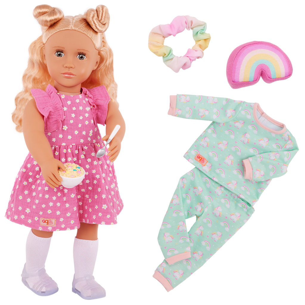 Gillian 46cm doll with blond hair and hazel eyes with outfit and accessaries
