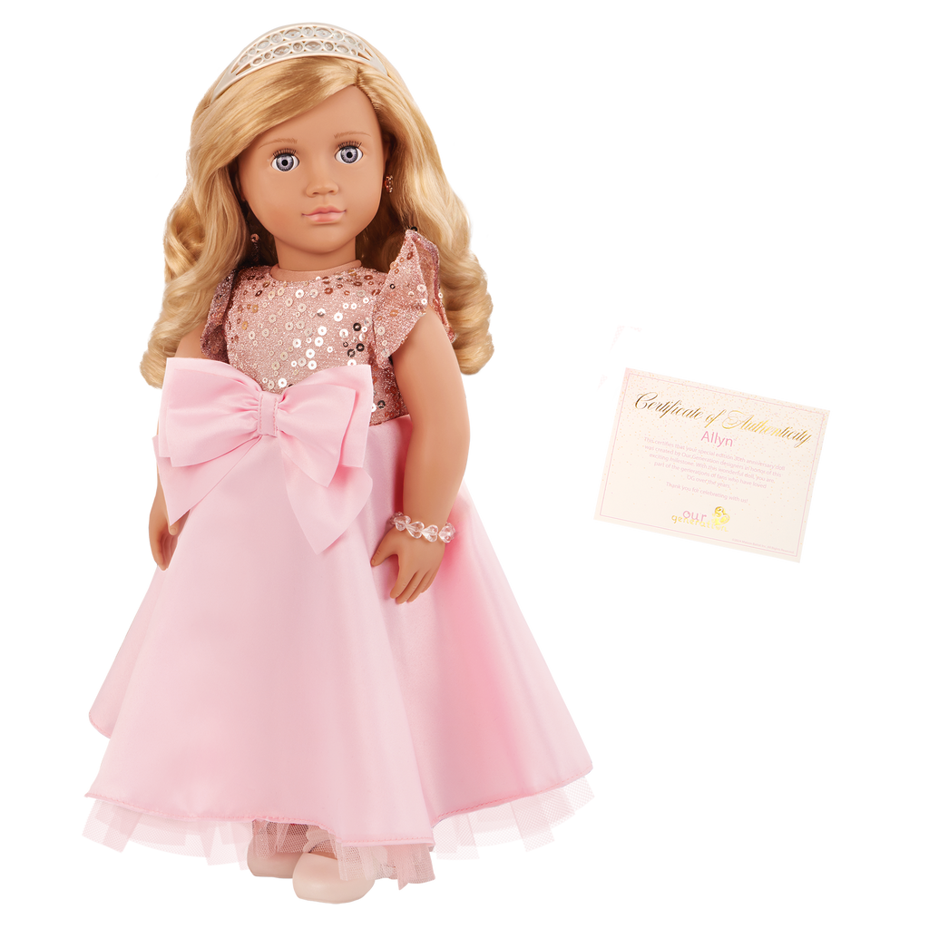 Allyn 18-inch doll with blonde hair and violet eyes in princess theme