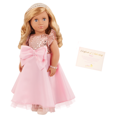 Allyn 18-inch doll with blonde hair and violet eyes in princess theme