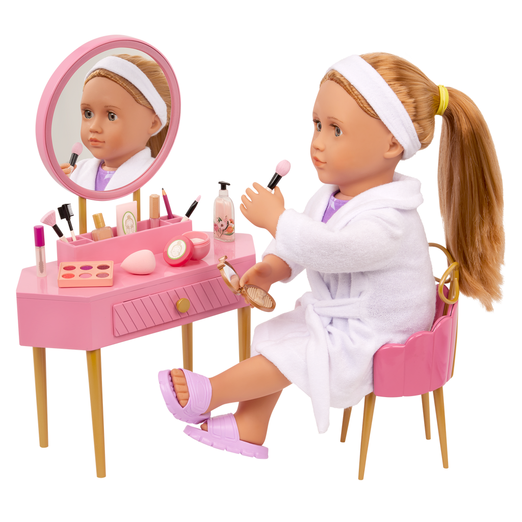 Our Generation Fabulous Fun Vanity Set for 46cm Dolls including vanity table and chair, makeup and skin care