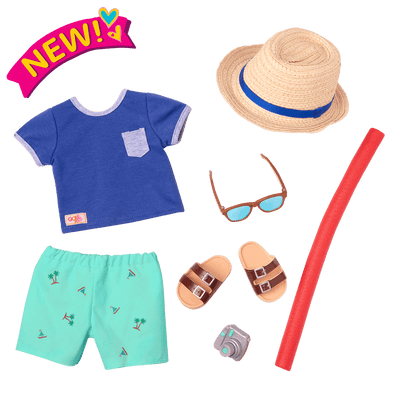 By the Beach Swimsuit Outfit for 18-inch Dolls ; By the Beach Swimsuit Outfit for 18-inch Dolls ; By the Beach Swim Trunks Pool Noodle for 18-inch Dolls ; By the Beach Swimsuit Outfit Camera for 18-inch Dolls ; By the Beach Swimsuit Outfit T-shirt for 18-inch Dolls