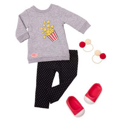 Pop-Pop Top Popcorn Outfit for 18-inch Dolls ; Pop-Pop Top Popcorn Outfit for 18-inch Dolls ; Pop-Pop Top Popcorn Sweatshirt for 18-inch Dolls ; Pop-Pop Top Popcorn Sweater for 18-inch Dolls ; Pop-Pop Top Popcorn Outfit Pom Pom Hair Elastics for 18-inch Dolls