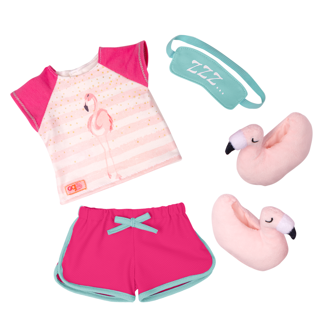 Flamingo Dreaming Pajama Outfit for 18-inch Dolls ; Flamingo Dreaming Pajama Outfit for 18-inch Dolls ; Flamingo Dreaming Pajama Outfit for 18-inch Dolls Pink Slippers ; Flamingo Dreaming Pajama Shorts Outfit for 18-inch Dolls ; Flamingo Dreaming Pajama Outfit Eye Mask for 18-inch Dolls