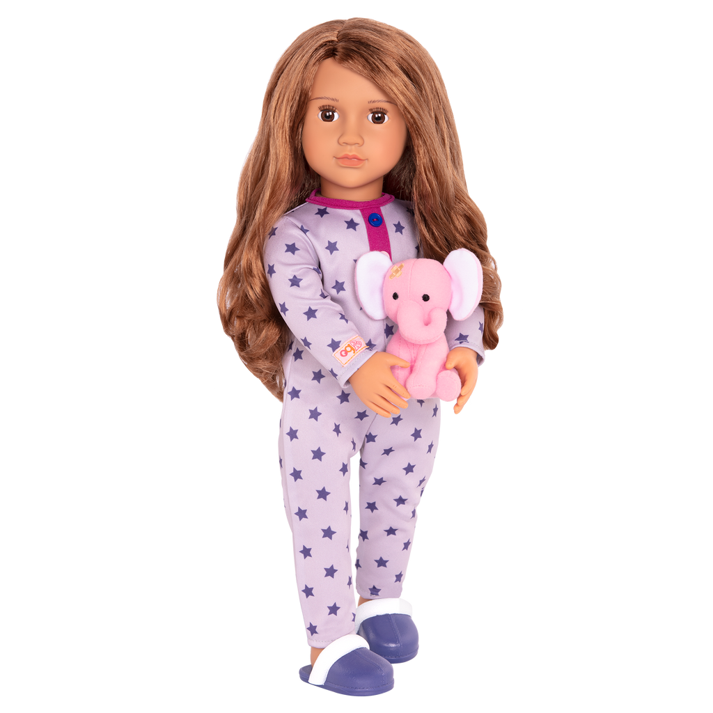 46 cm sleepover doll with light-brown hair and brown eyes holding elephant plushie
