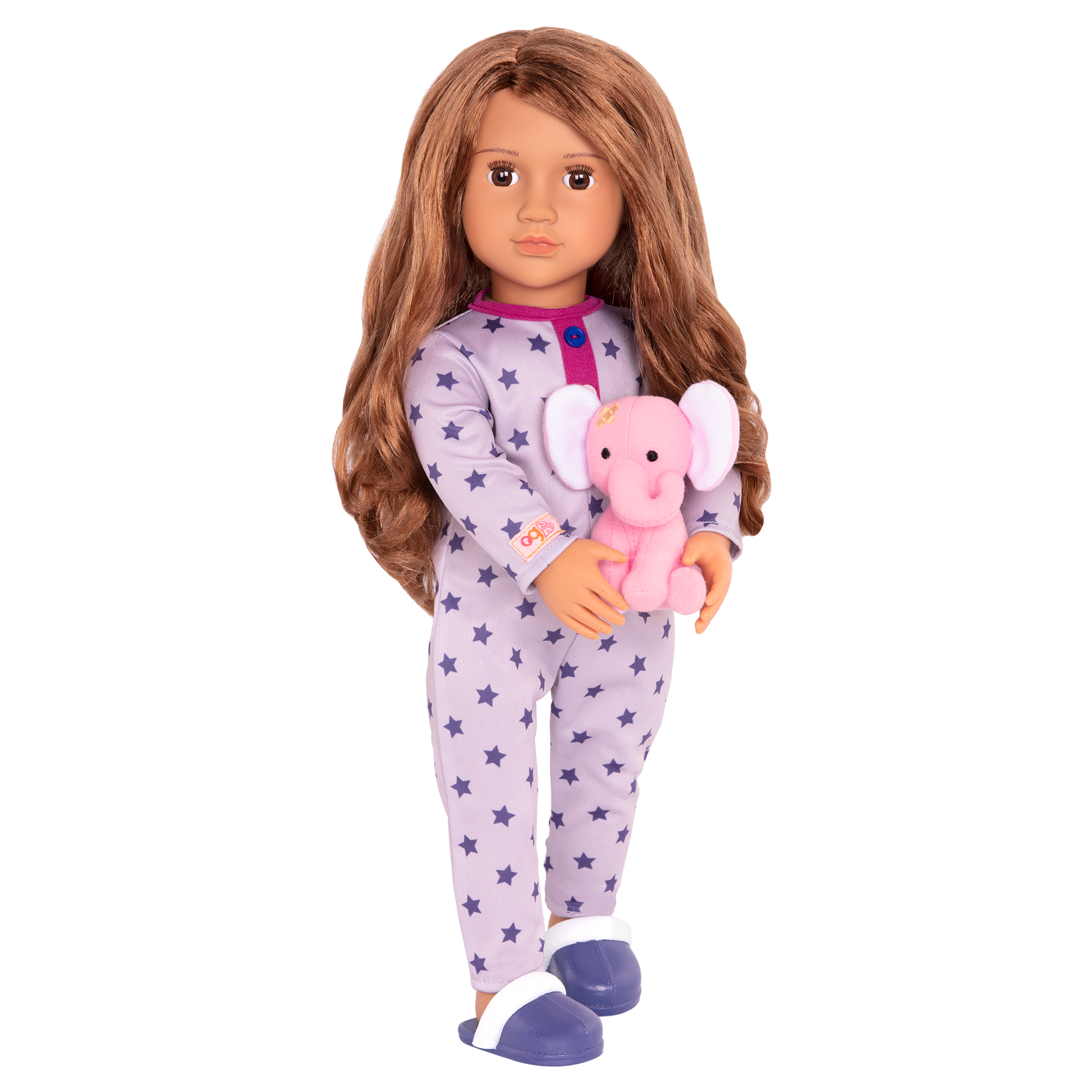 46 cm sleepover doll with light-brown hair and brown eyes holding elephant plushie