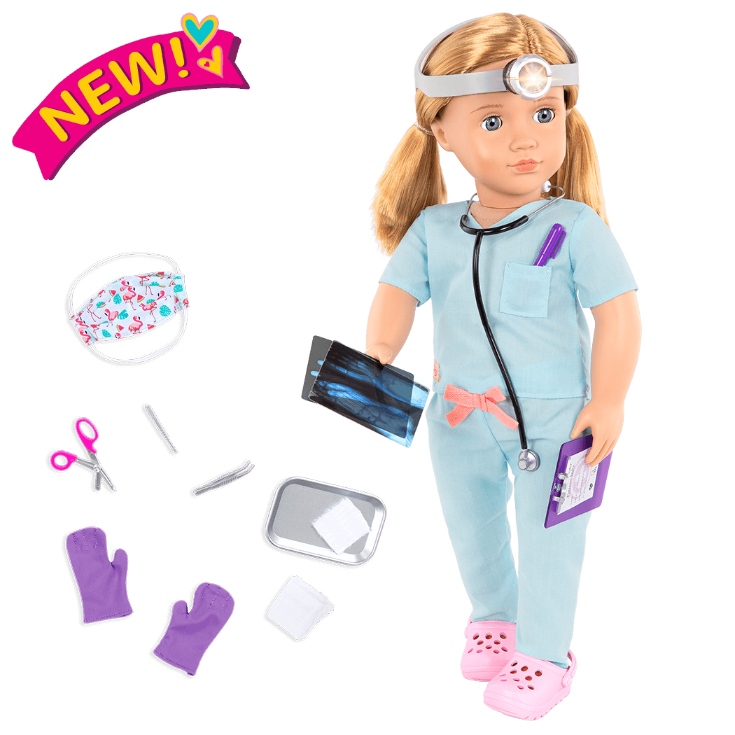 18-inch Doctor Doll Tonia ; 18-inch Doctor Doll Tonia ; 18-inch Doctor Doll Tonia Blonde Hair ; 18-inch Doctor Doll Tonia Face Mask ; 18-inch Doctor Doll Tonia Medical Accessories ; 18-inch Doctor Doll Tonia Surgeon Scrubs Outfit