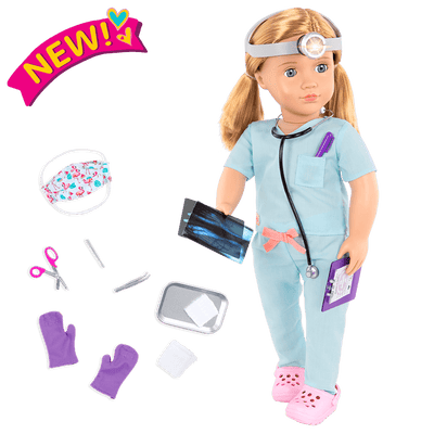 18-inch Doctor Doll Tonia ; 18-inch Doctor Doll Tonia ; 18-inch Doctor Doll Tonia Blonde Hair ; 18-inch Doctor Doll Tonia Face Mask ; 18-inch Doctor Doll Tonia Medical Accessories ; 18-inch Doctor Doll Tonia Surgeon Scrubs Outfit