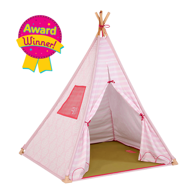 Suite Teepee- Pink Stripes Play Tent for Kids and Dolls ; Suite Teepee- Pink Stripes Play Tent for Kids and Dolls ; Suite Teepee- Pink Stripes with doors closed ; Suite Teepee- Pink Stripes star chandelier detail ; Detail of Star chandelier at night ; Kids playing in Suite Teepee with dolls ; Girl sleeping at night in Suite Teepee with doll